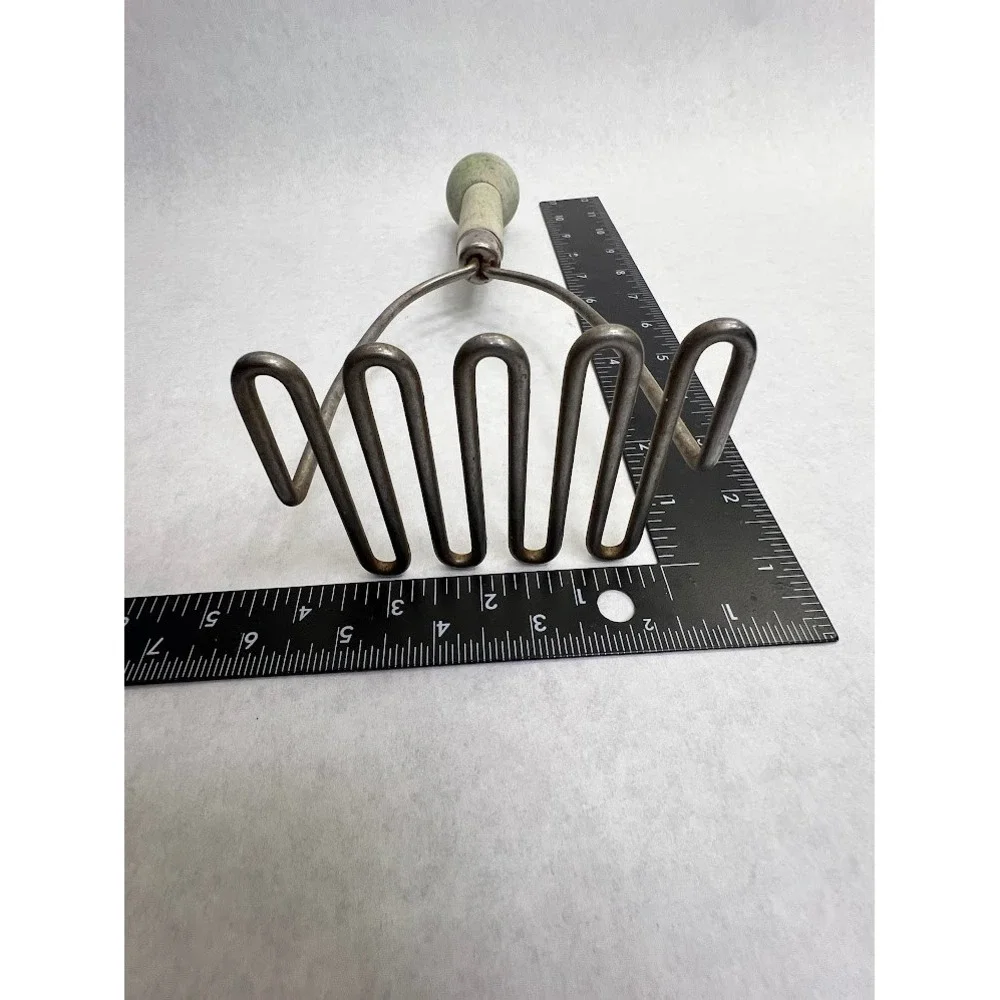 Vintage Potato Masher Zig Zag Wire Green Wood Handle Antique Kitchen Tool